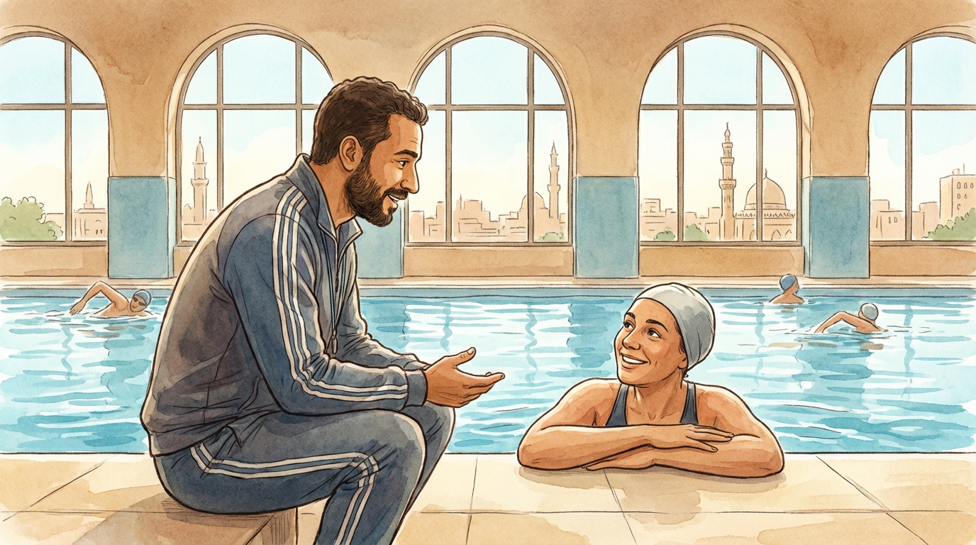 مدرب سباحة يجلس عند حافة المسبح ويتحدث مع متدرّب واحد لواحد