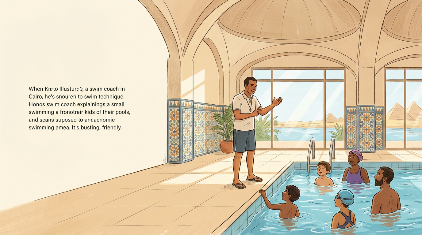 مدرب سباحة يقف بجانب المسبح يشرح لمجموعة متدربين في الماء