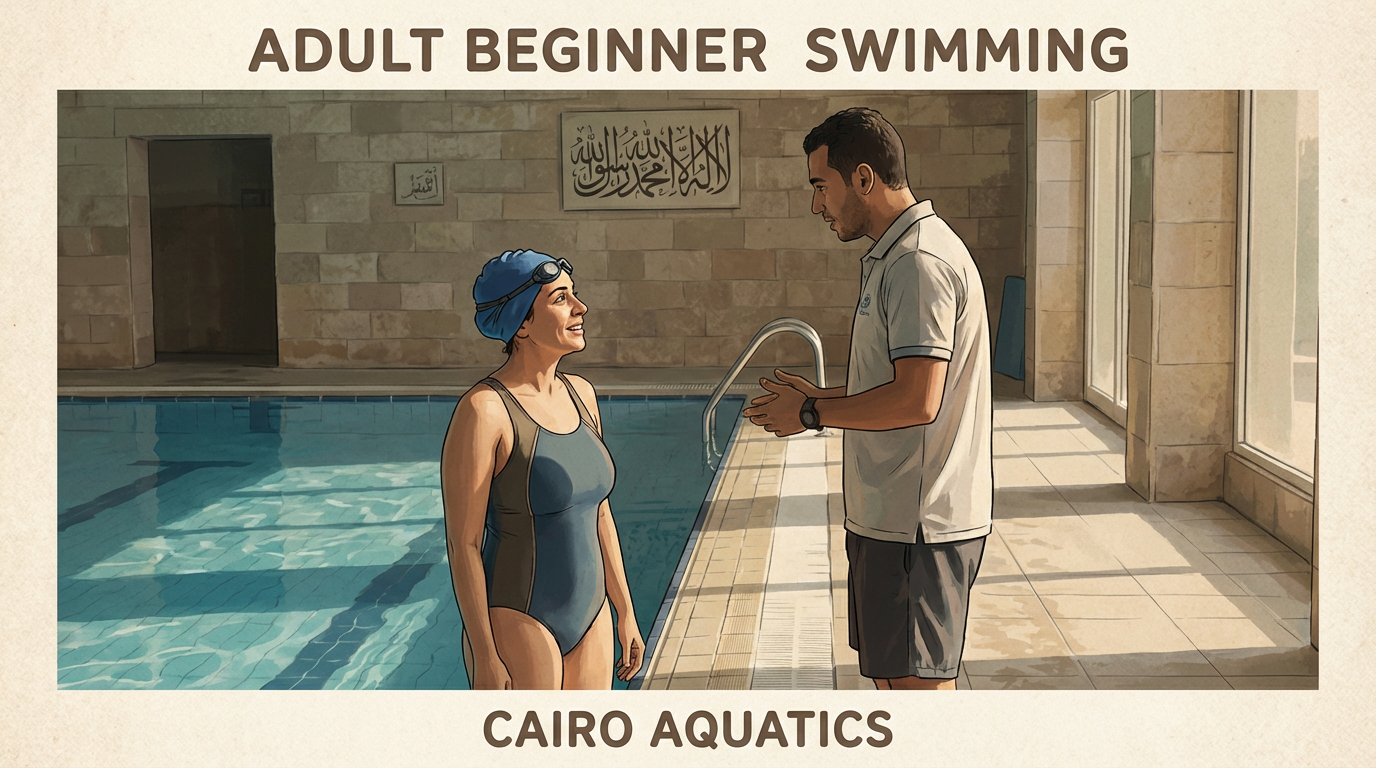متدرّب بالغ يرتدي قبعة سباحة ونظارات يقف عند حافة المسبح يستمع للمدرب